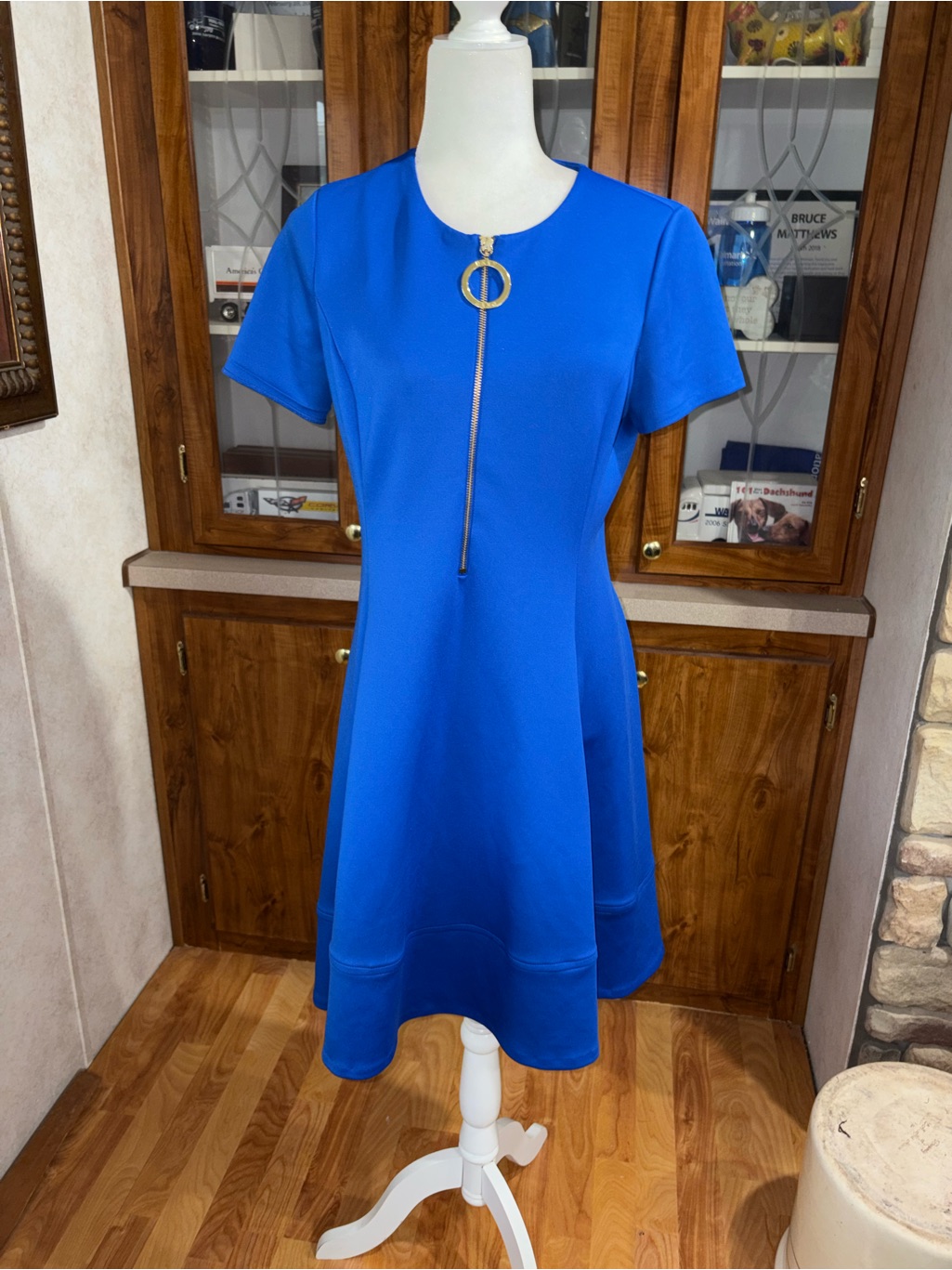 Dkny Women's Short Sleeve Royal Blue A-Line Dress With Zip Detail